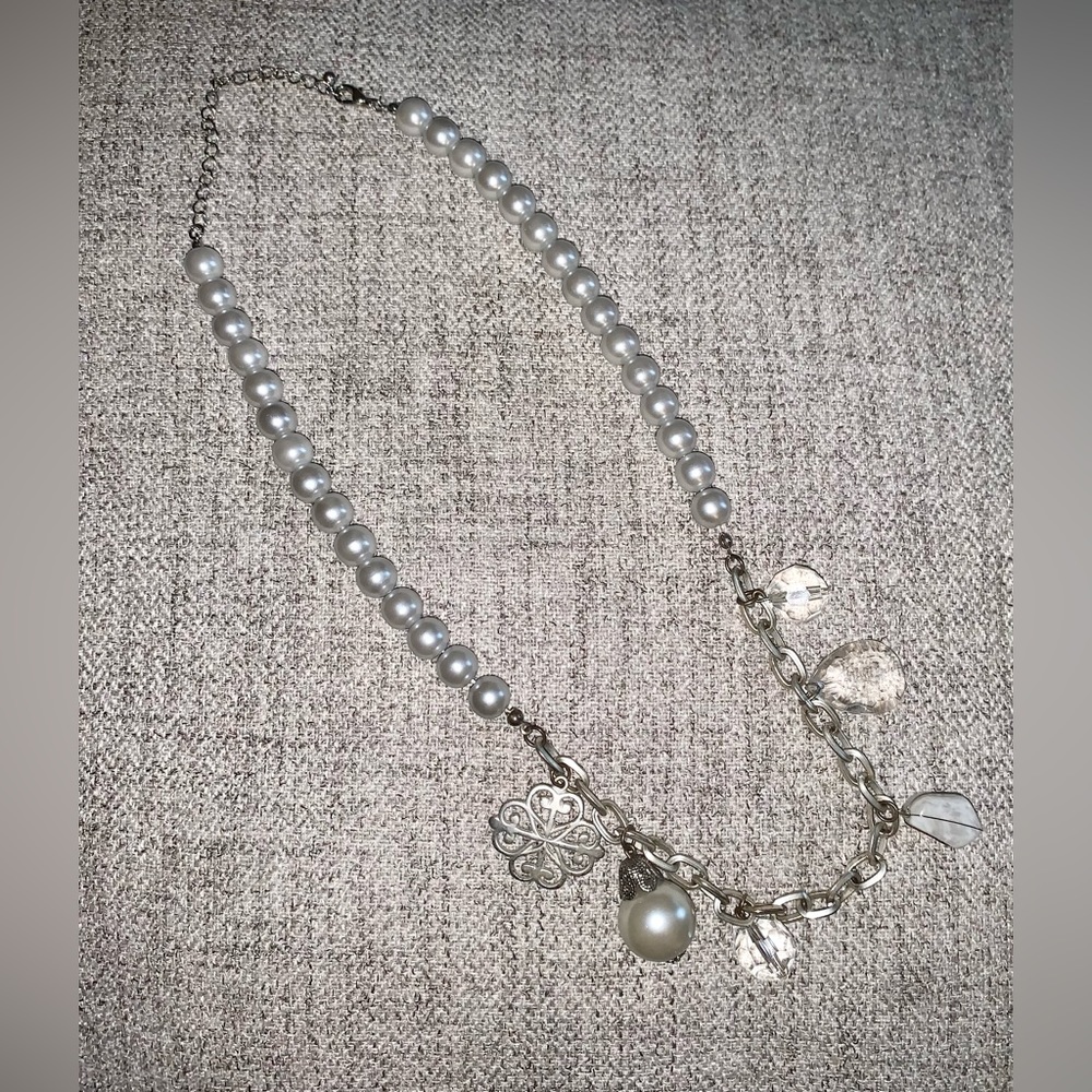 Nice silver chain with pearly round beads .. crystal and silvery charms.
